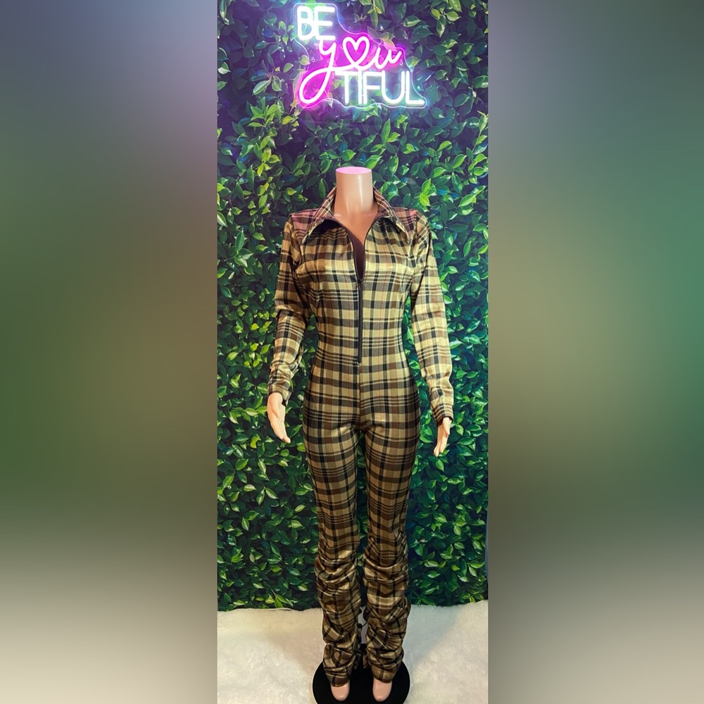 Plaid Zip-Up Jumpsuit